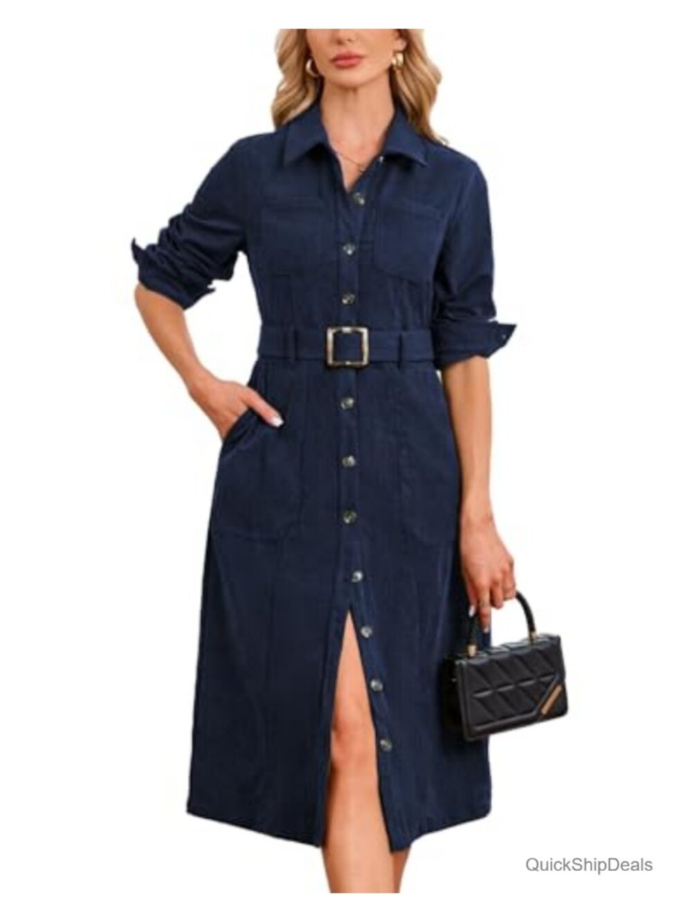 Women's Corduroy Midi Dress Belted Button Down Long Sleeve Shirt Dress